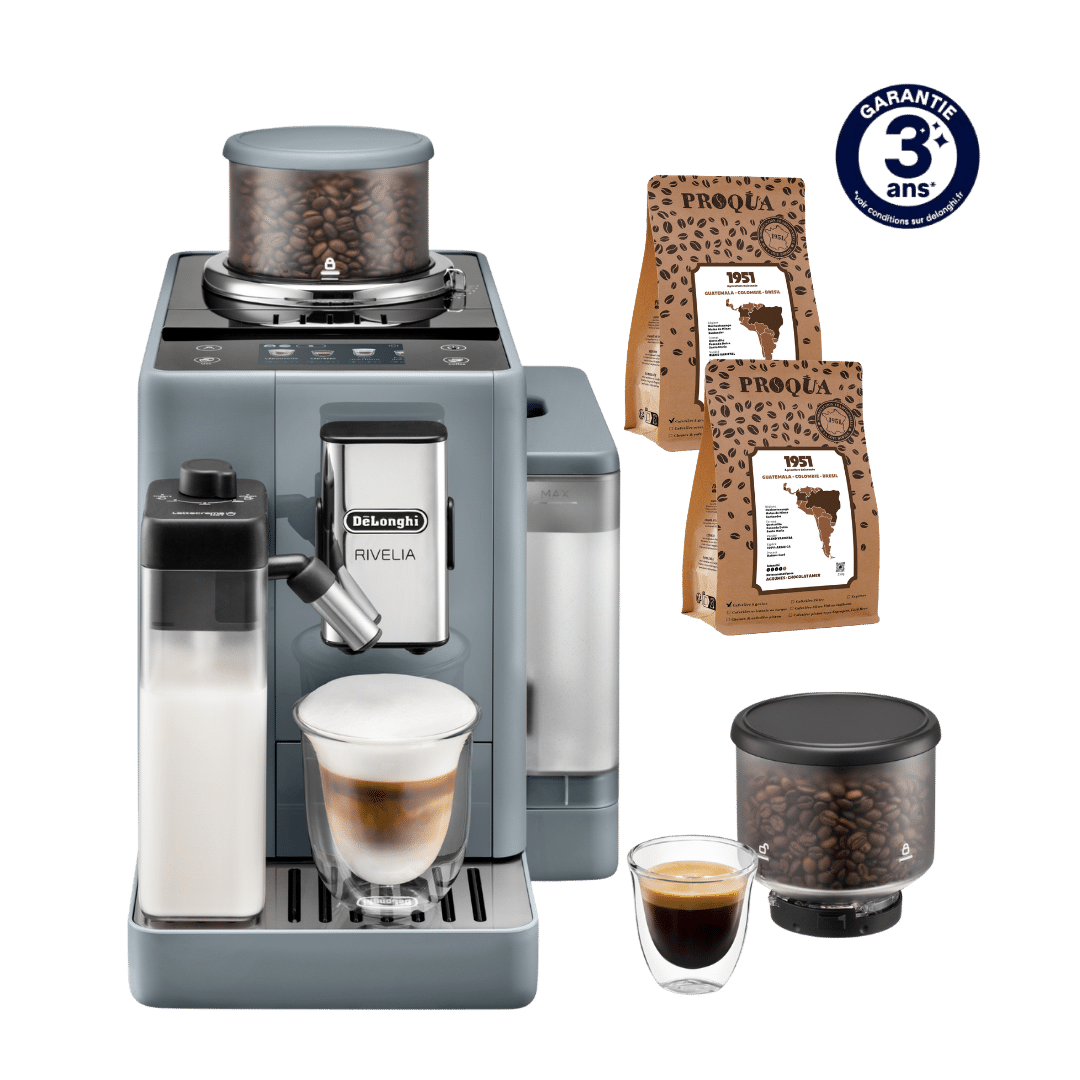 MACHINE À CAFÉ À GRAIN RIVELIA LATTE GRIS GALET FEB4455.G + 2 PAQUETS DE CAFÉ OFFERTS