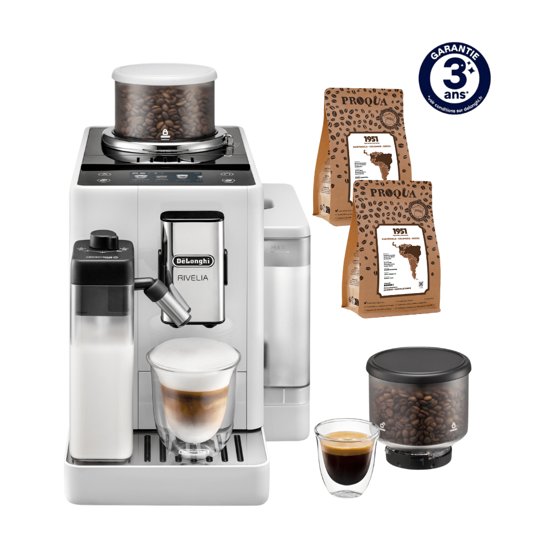 MACHINE À CAFÉ À GRAIN RIVELIA LATTE BLANC ARCTIQUE FEB4455.W + 2 PAQUETS DE CAFÉ OFFERTS